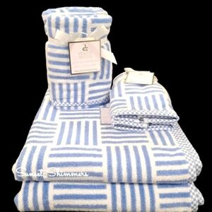 6pc Blue & White Nautical Stripe BATH Hand Tip Towel Set Deborah Connolly New